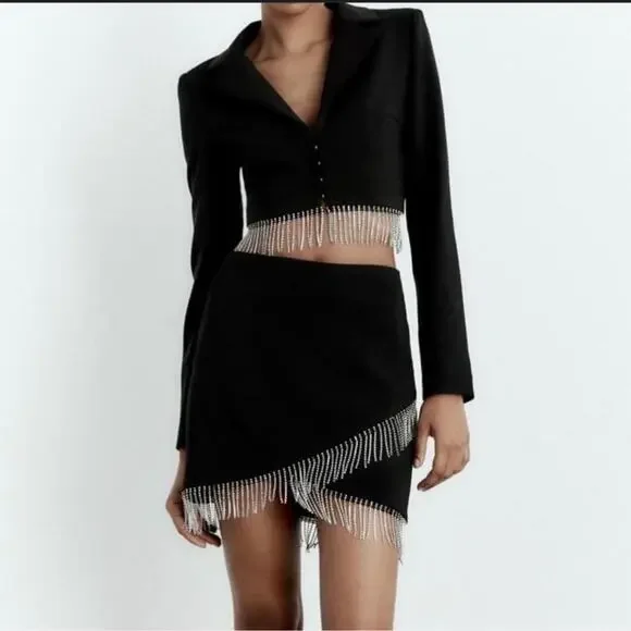 House of Harlow 1960 Black Rhinestone Fringe Blazer Mini Skirt Set Women’s Small - Picture 2 of 15